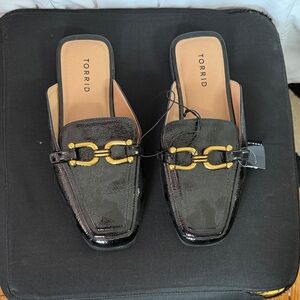 Torrid Black Patent Mules with Gold Accent